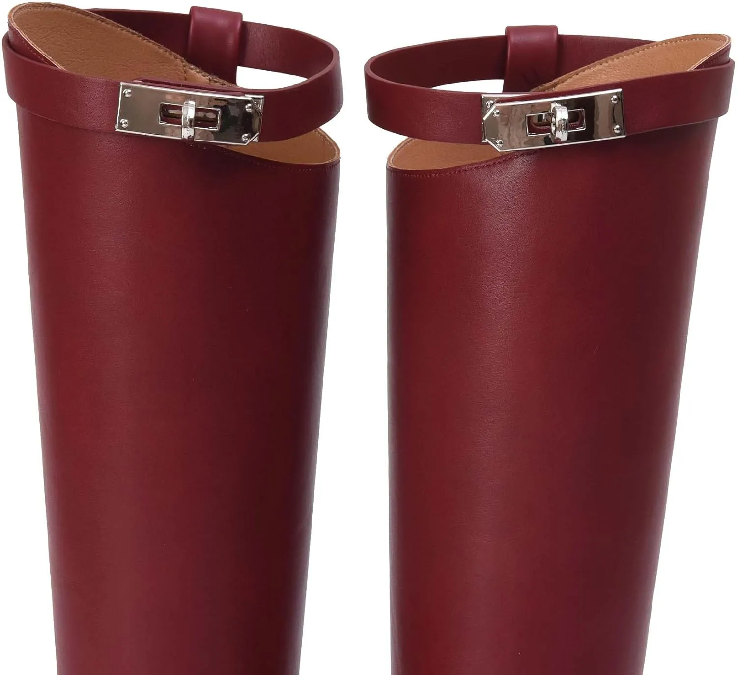 iiimmu Riding Boots for Women Silver Buckle Women's Knee High Boots Round Toe Faux Leather Motorcycle Style