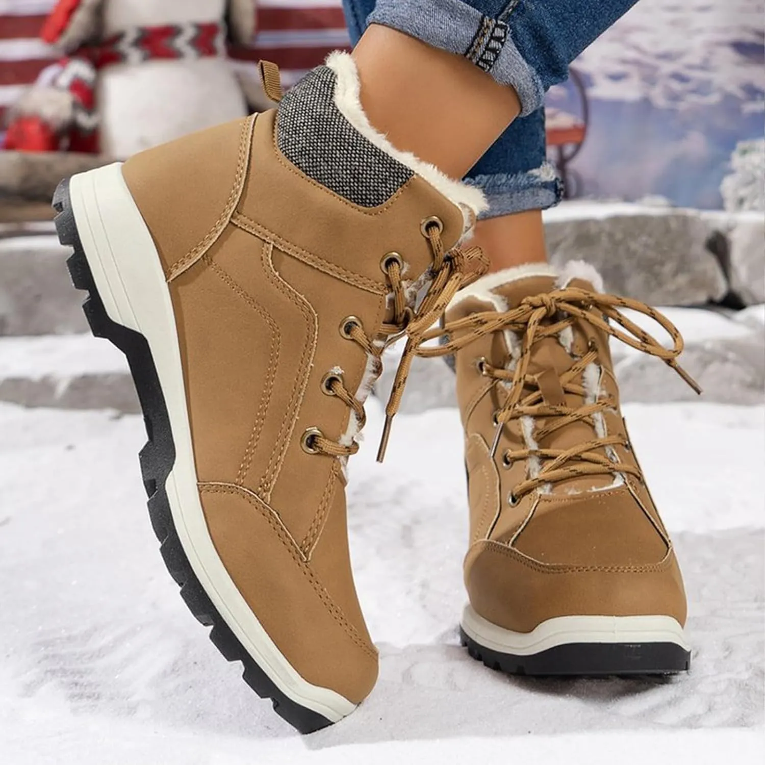 Insulated Women Snow Shoes Lac𝐞 Up Anti-Slip Winter Walking Shoes For Men Hiking Boots Women 𝐖aterproof