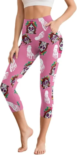Irisjudy Women's Active Capri Leggings Terror Skull Yoga Pants with Pockets Gothic Rose Bat Stretchy Summer Workout Capris