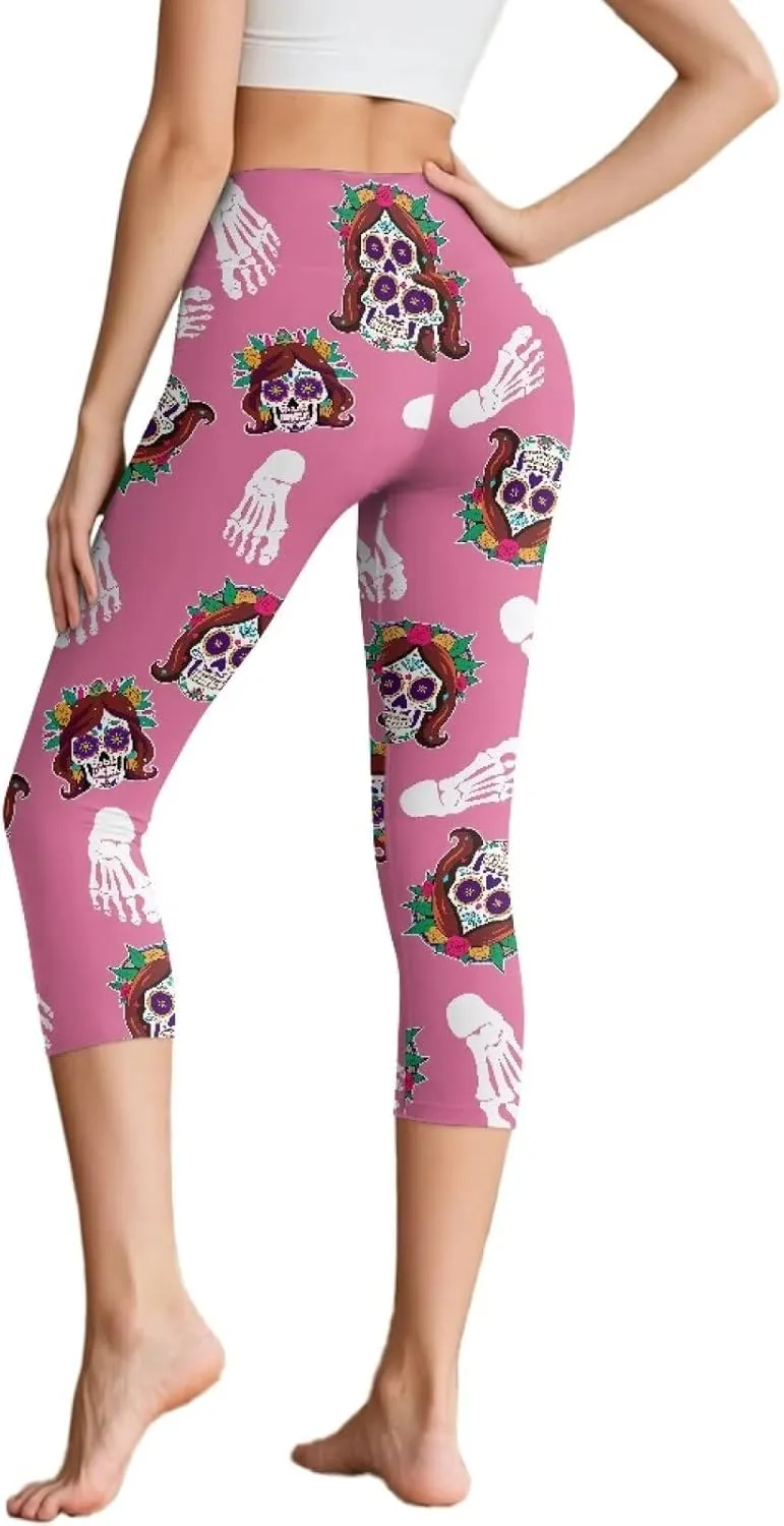 Irisjudy Women's Active Capri Leggings Terror Skull Yoga Pants with Pockets Gothic Rose Bat Stretchy Summer Workout Capris