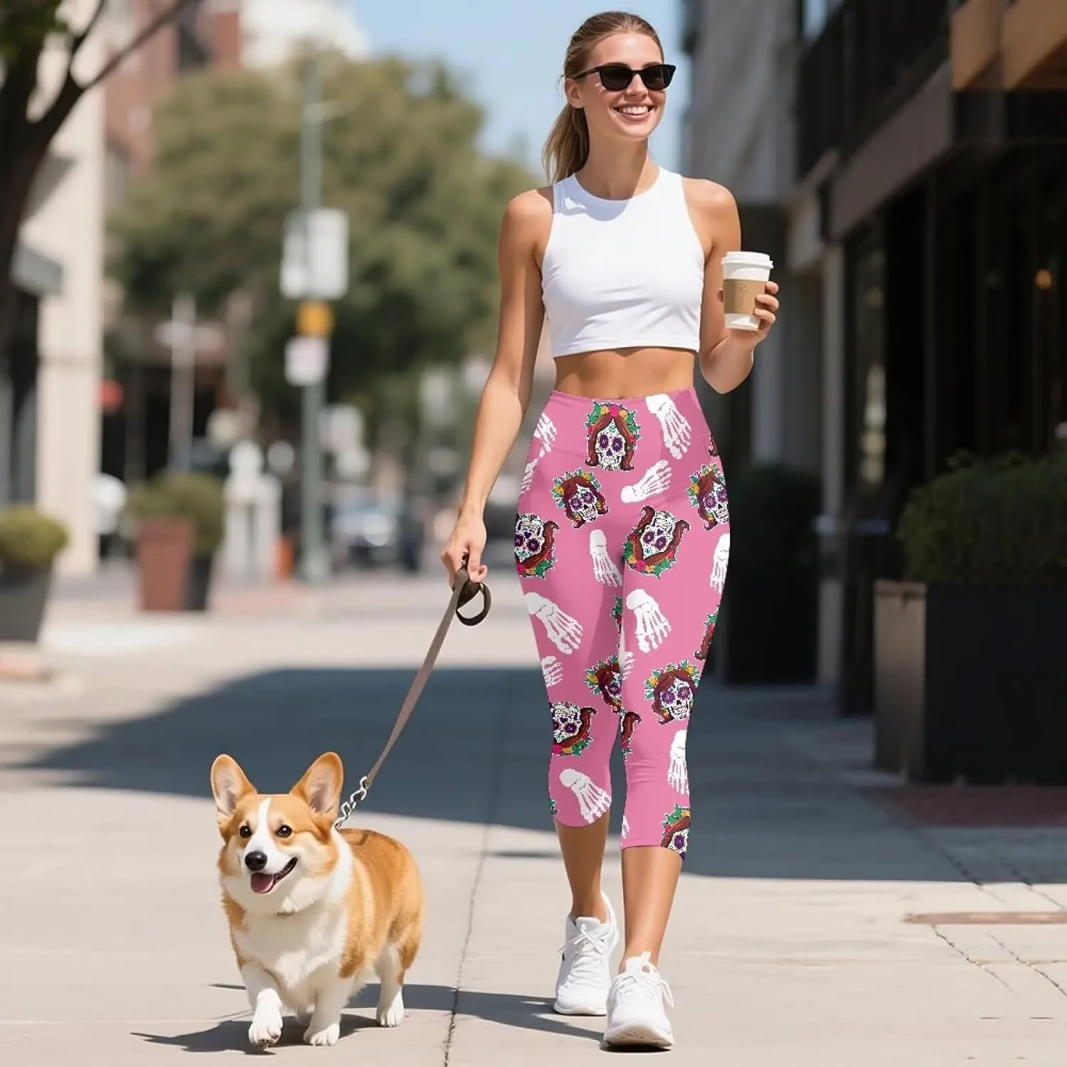 Irisjudy Women's Active Capri Leggings Terror Skull Yoga Pants with Pockets Gothic Rose Bat Stretchy Summer Workout Capris