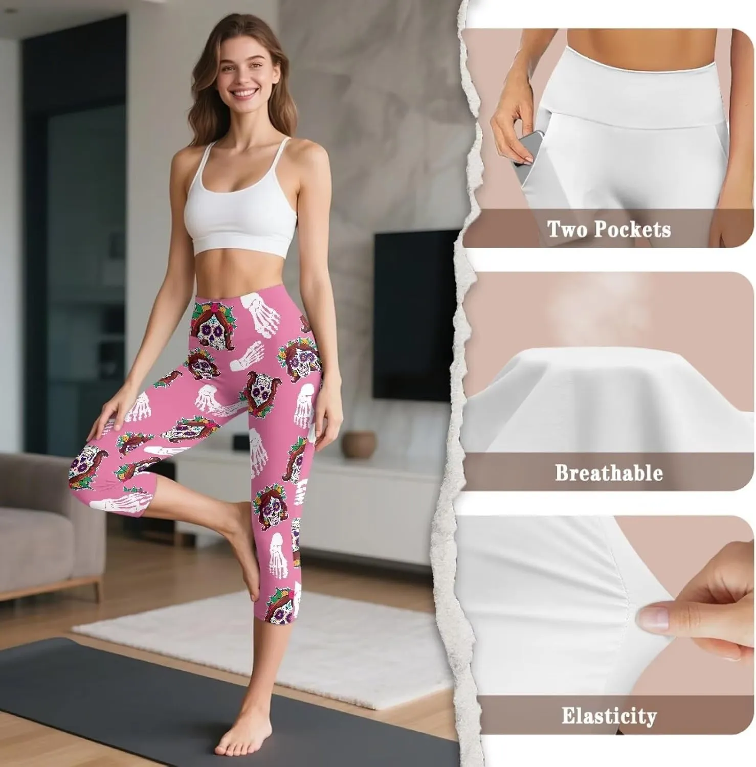 Irisjudy Women's Active Capri Leggings Terror Skull Yoga Pants with Pockets Gothic Rose Bat Stretchy Summer Workout Capris