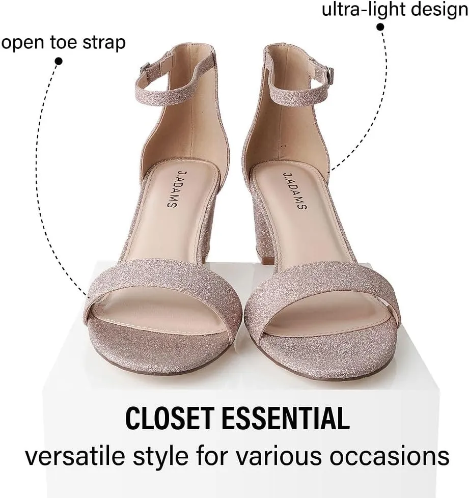 J. Adams Daisy Heeled Sandals - Ankle Strap Low Block, Open Toe Dress Pumps, Chunky Heels - Dressy Shoes for Women - Bridal, Wedding, Summer Sandals