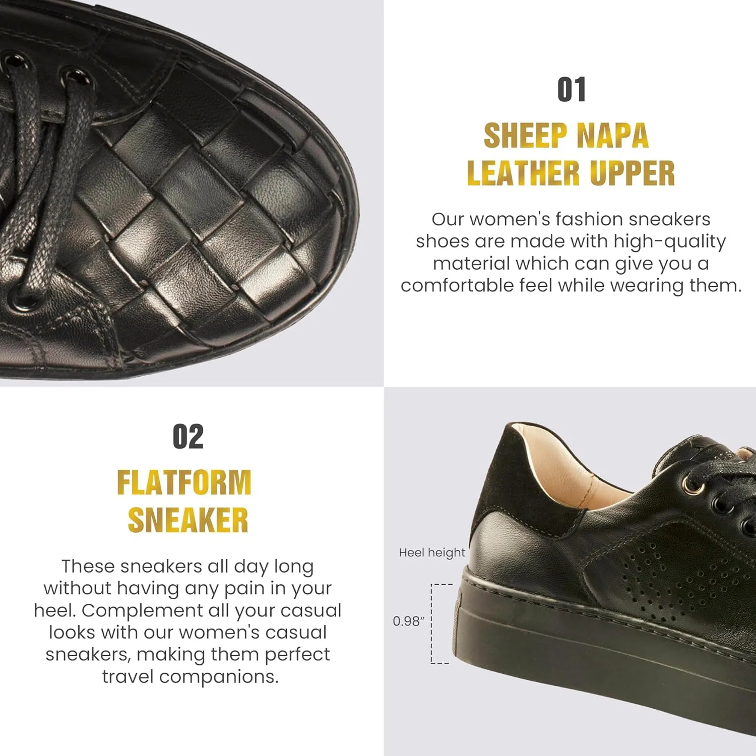JATAREA Women's Fashion Sneakers – Genuine Leather Casual Shoes, Comfortable Cushioned Insole, TPR Rubber Sole, Stylish Lifestyle, Lightweight and Durable Travel Sneakers