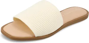 Journee Womens Linen Knit Flexible One Band Slip On Slide Open Square Toe Prisilla Tru Comfort Foam Sandals Bone 9 Wide WOMENS US