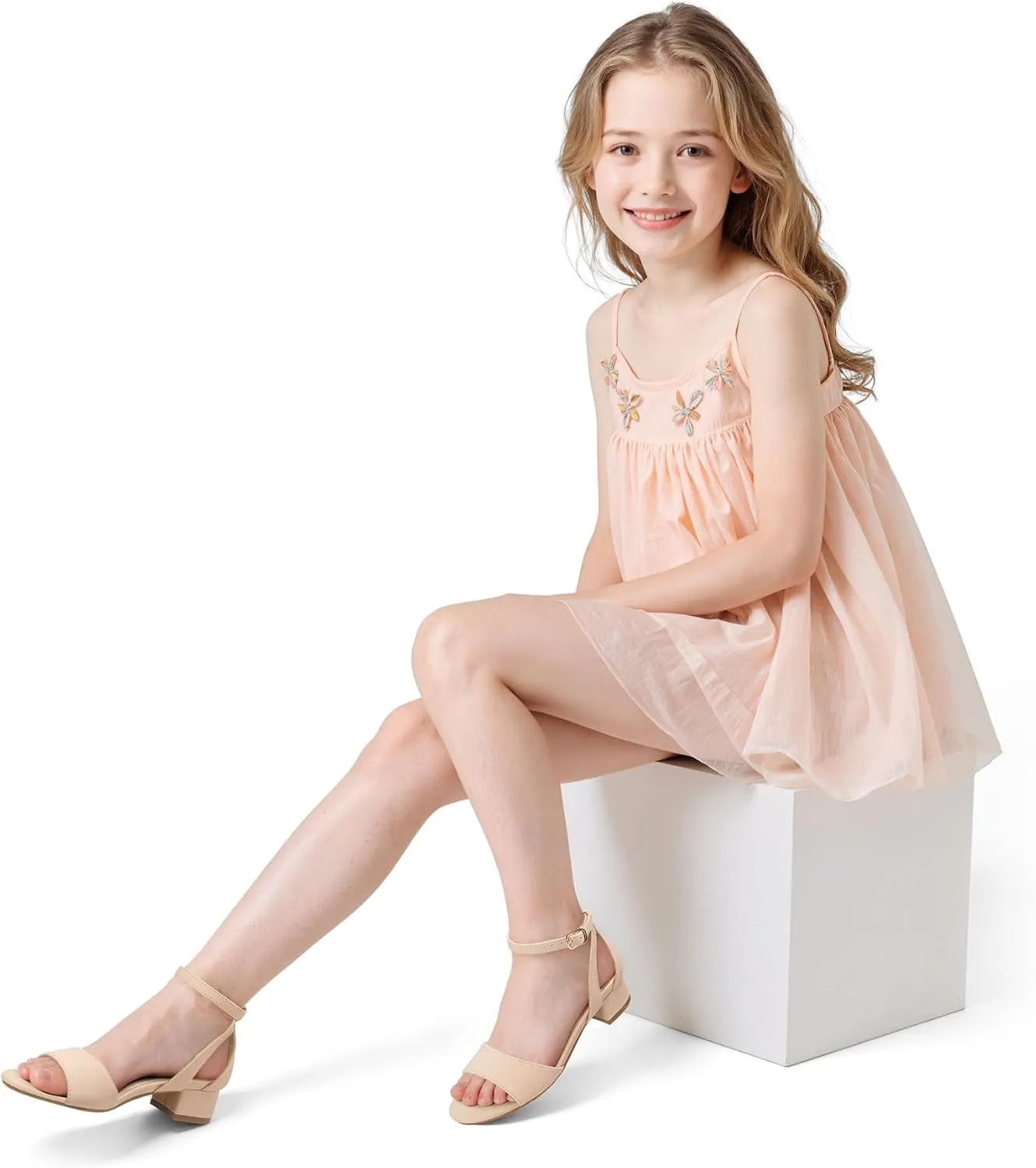 K KomForme Girls Sandals Low Chunky Heels Dress Pumps Ankle Strap Open Toe Flower Wedding Party Dress Shoes for Toddler/Little Kid/Big Kid