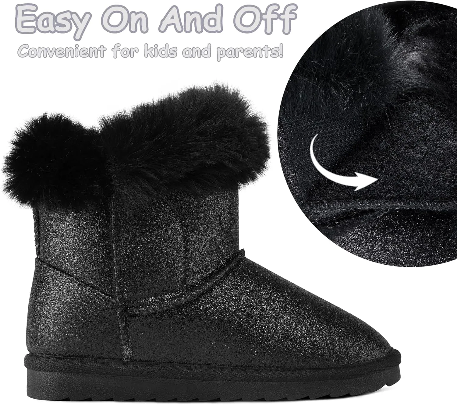 K KomForme Girls Snow Boots Warm Fur Lined Glitter Strap Winter Shoes Lightweight with Hook-and-loop(Toddler/Little Kids/Big Kids)