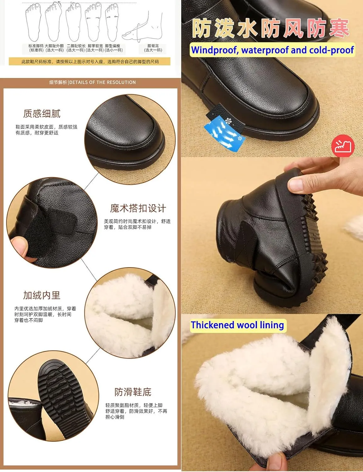 Keilinia Women's Winter Thick Warm Wool Lined Snow Boots,Outdoor Waterproof Non-Slip Adjustable Casual Leather Ankle Booties