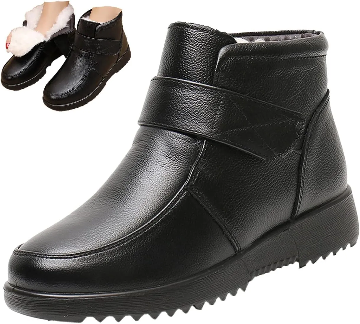 Keilinia Women's Winter Thick Warm Wool Lined Snow Boots,Outdoor Waterproof Non-Slip Adjustable Casual Leather Ankle Booties