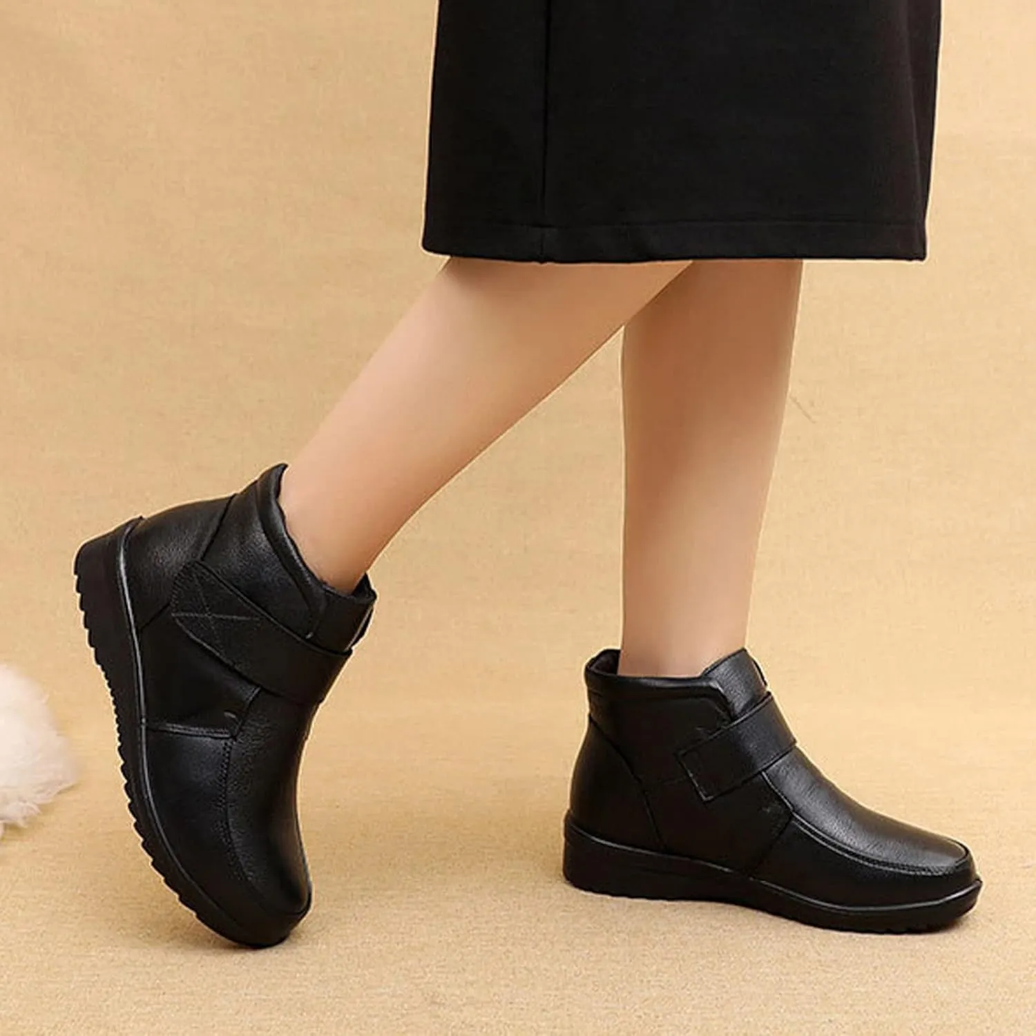 Keilinia Women's Winter Thick Warm Wool Lined Snow Boots,Outdoor Waterproof Non-Slip Adjustable Casual Leather Ankle Booties