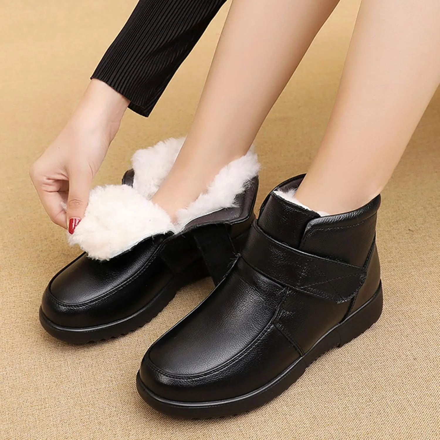 Keilinia Women's Winter Thick Warm Wool Lined Snow Boots,Outdoor Waterproof Non-Slip Adjustable Casual Leather Ankle Booties