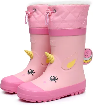 Kids Rain Boots for Girls and Boys with Fur Lining, Waterproof Warm Winter Rubber Rain and Snow Boots-with Fun Printed & Colors for Toddlers and Kids