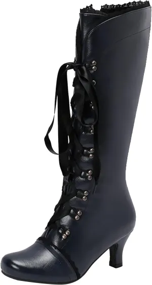 Knee High Boots for Women Knee High Vintage Victorian Boots Mid Calf Lace up Fall Winter Witch Shoes Kitten Heel