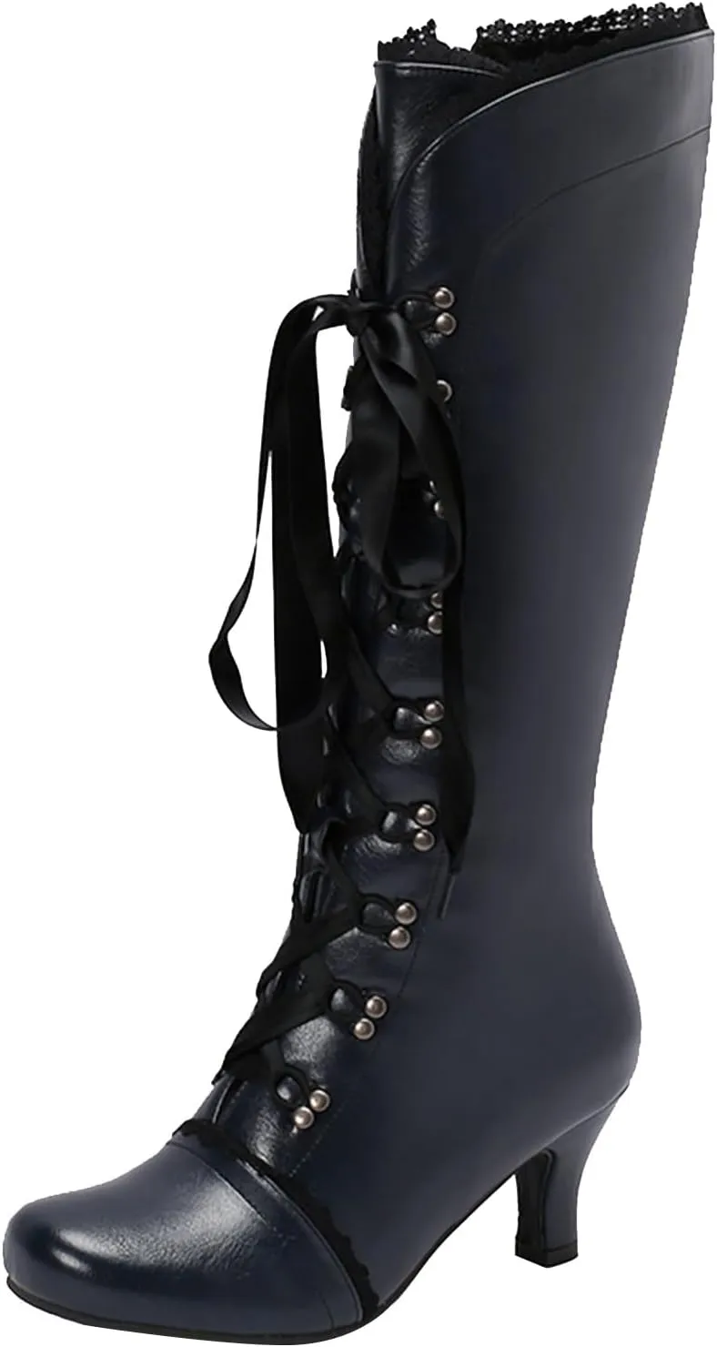 Knee High Boots for Women Knee High Vintage Victorian Boots Mid Calf Lace up Fall Winter Witch Shoes Kitten Heel