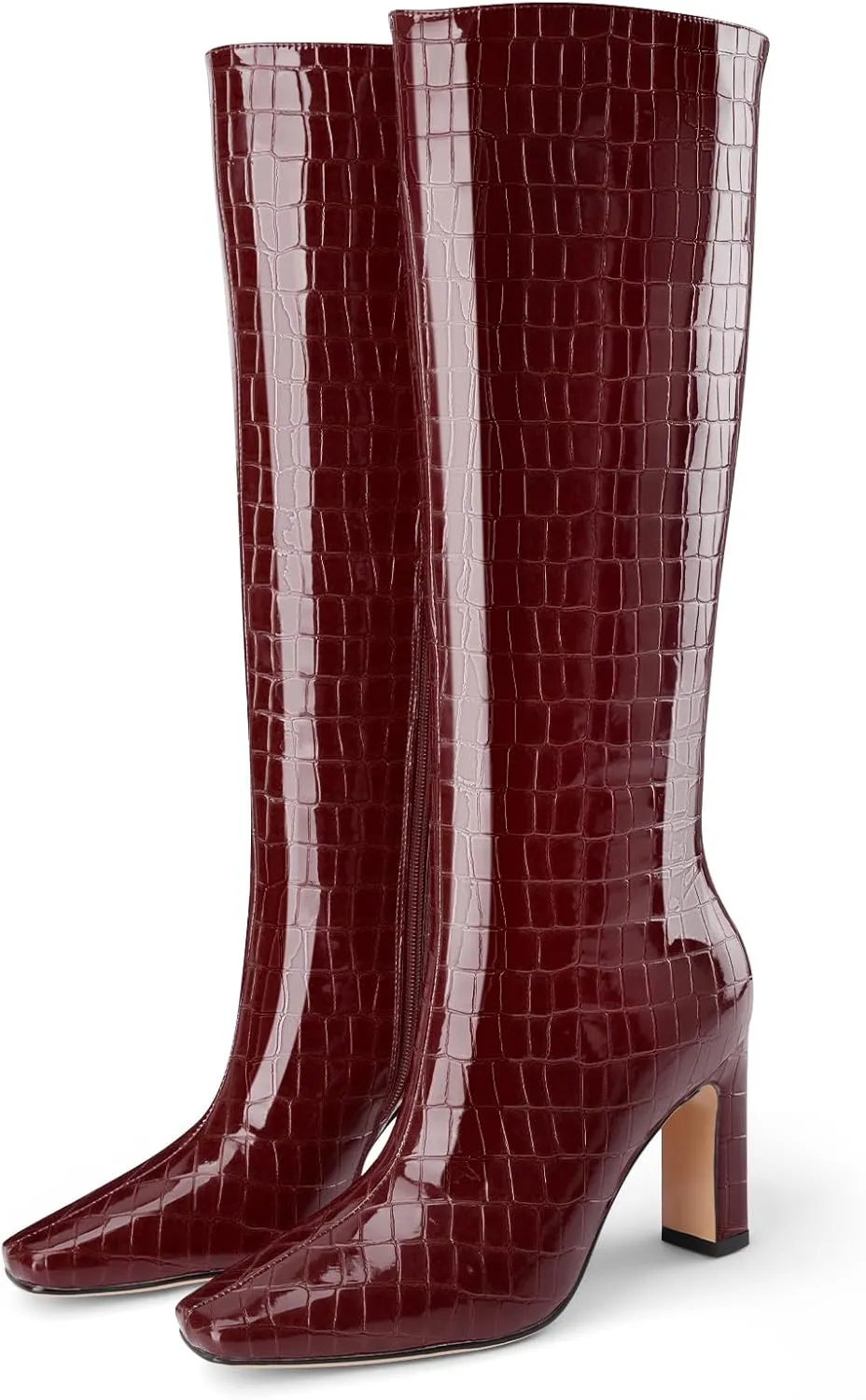 Knee High Boots Women Black Long Boots Slip on Tall Boots Chunky High Heel Square Toe Crocodile Pattern Leather Boots with Side Zipper for Ladies Sexy