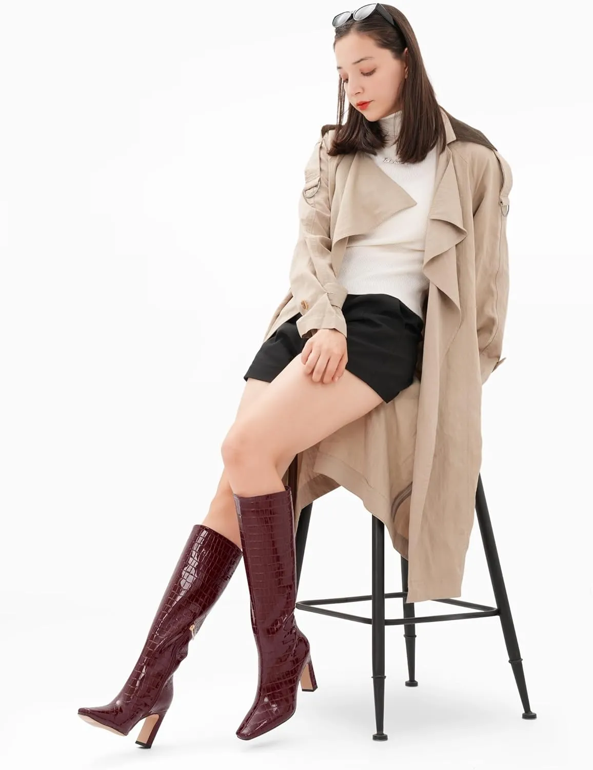Knee High Boots Women Black Long Boots Slip on Tall Boots Chunky High Heel Square Toe Crocodile Pattern Leather Boots with Side Zipper for Ladies Sexy