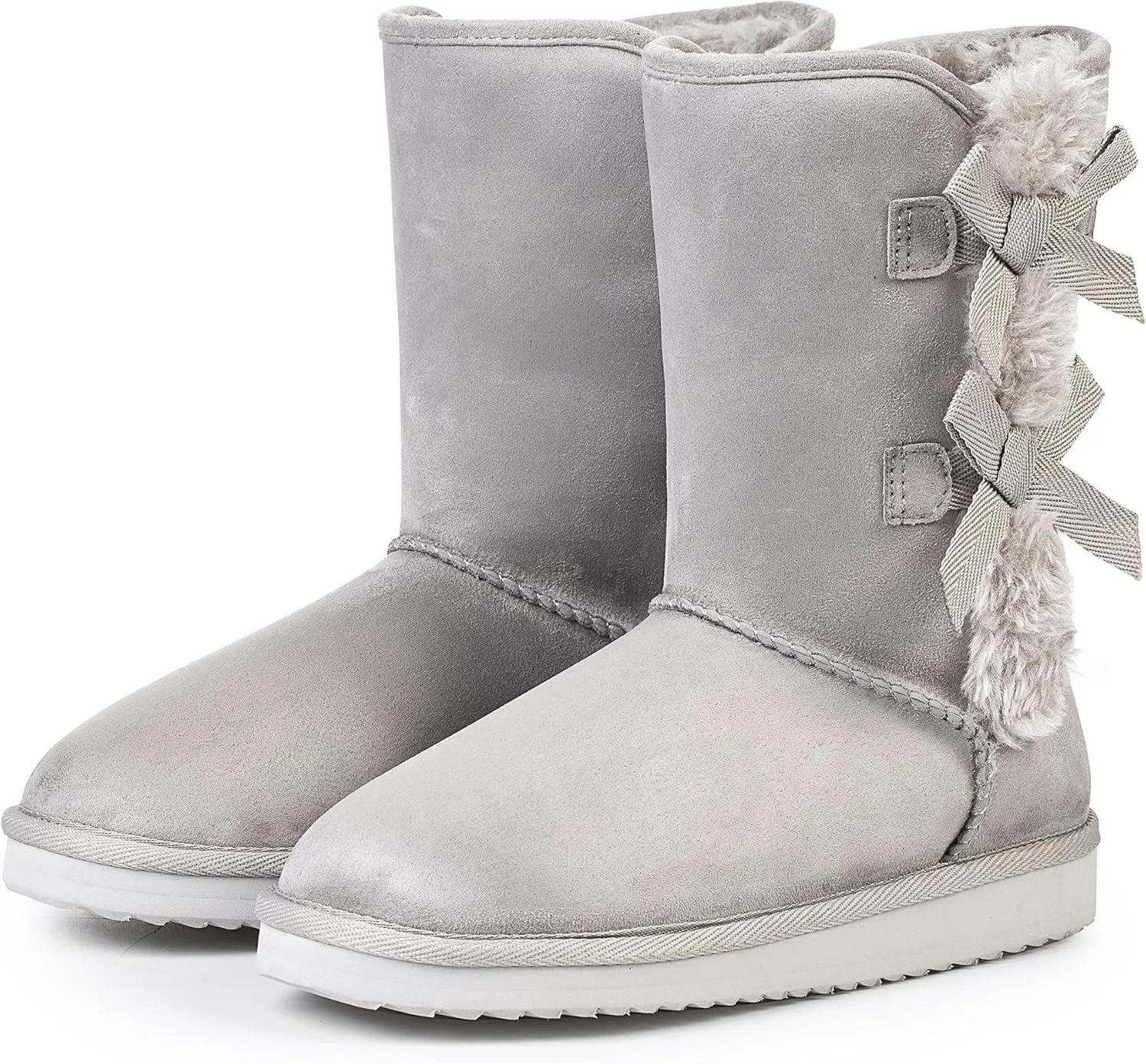 KRABOR Womens Suede Snow Boots Mid-Calf Winter Shoes with Side Bows