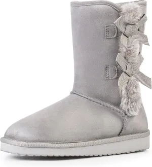 KRABOR Womens Suede Snow Boots Mid-Calf Winter Shoes with Side Bows