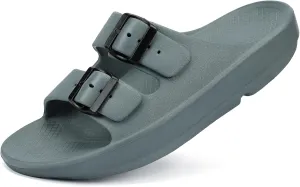 Kricely Women and Men Wide Width Recovery Sandals Plantar Fasciitis Arch Support Orthotic Slides Adjustable Double Buckle Thick Sole Slippers Reduces Stress on Feet Joints & Back Post-Exercise