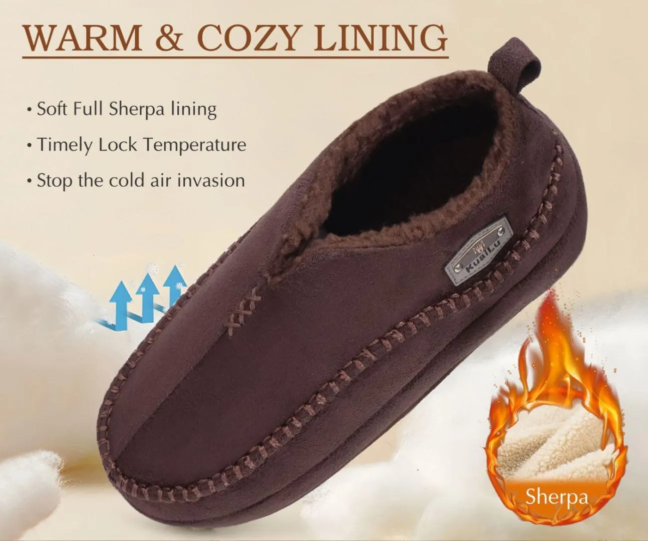 KuaiLu Men's Slippers Cozy Memory Foam House Slipper Shoes Warm Suede Winter Moccasins Slip-on Boots Slippers For Man with Fuzzy Sherpa Lining & Indoor/Outdoor Hard Rubber Sole
