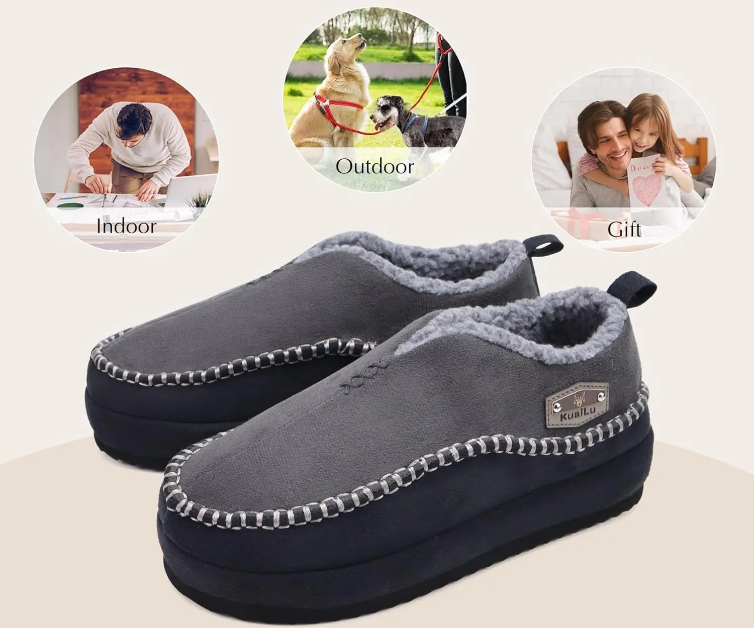 KuaiLu Men's Slippers Cozy Memory Foam House Slipper Shoes Warm Suede Winter Moccasins Slip-on Boots Slippers For Man with Fuzzy Sherpa Lining & Indoor/Outdoor Hard Rubber Sole