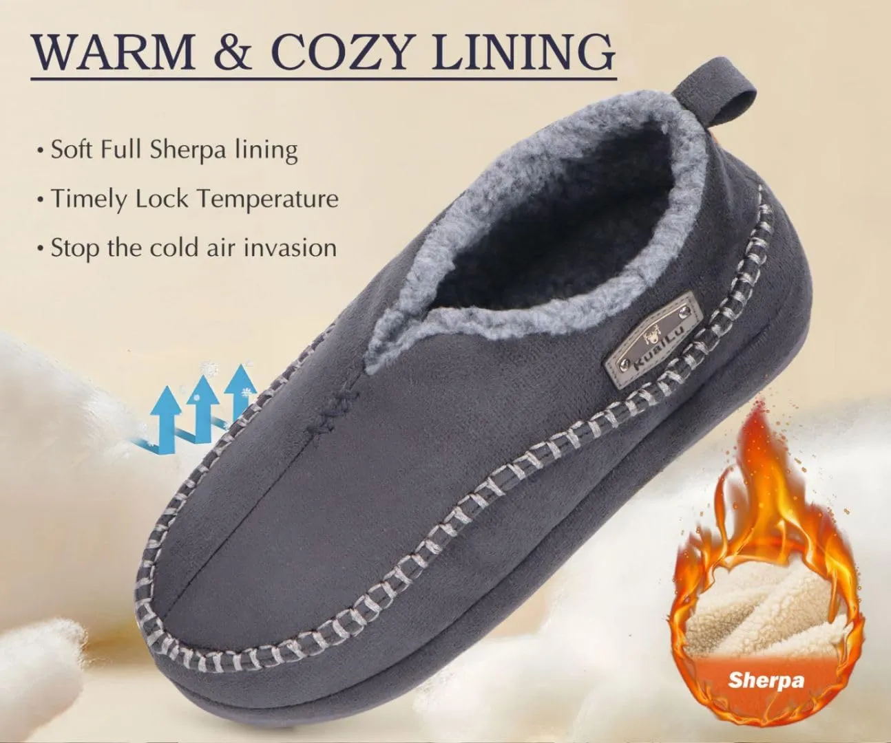 KuaiLu Men's Slippers Cozy Memory Foam House Slipper Shoes Warm Suede Winter Moccasins Slip-on Boots Slippers For Man with Fuzzy Sherpa Lining & Indoor/Outdoor Hard Rubber Sole