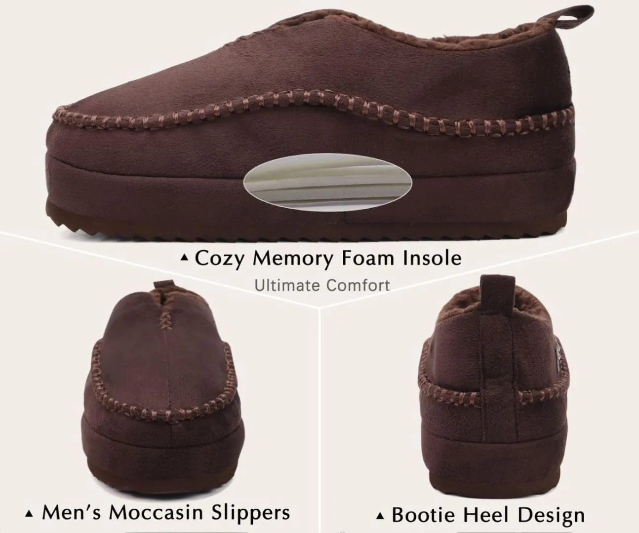 KuaiLu Men's Slippers Cozy Memory Foam House Slipper Shoes Warm Suede Winter Moccasins Slip-on Boots Slippers For Man with Fuzzy Sherpa Lining & Indoor/Outdoor Hard Rubber Sole
