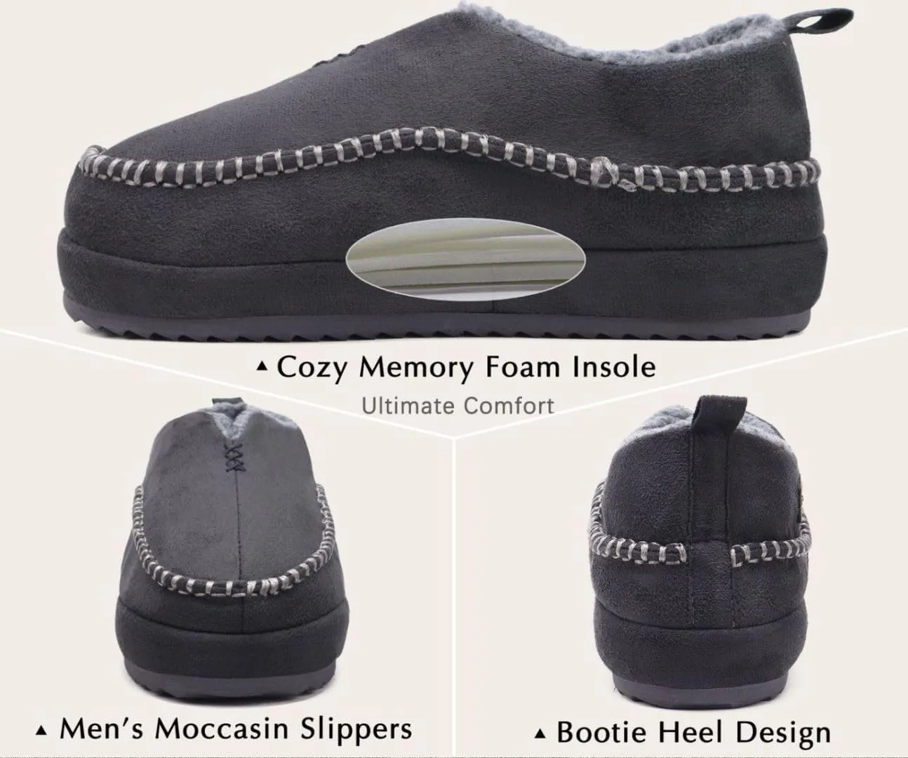 KuaiLu Men's Slippers Cozy Memory Foam House Slipper Shoes Warm Suede Winter Moccasins Slip-on Boots Slippers For Man with Fuzzy Sherpa Lining & Indoor/Outdoor Hard Rubber Sole