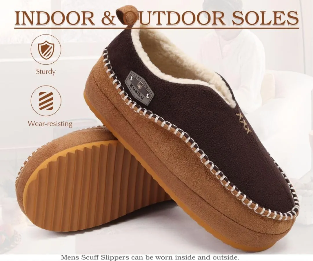 KuaiLu Men's Slippers Cozy Memory Foam House Slipper Shoes Warm Suede Winter Moccasins Slip-on Boots Slippers For Man with Fuzzy Sherpa Lining & Indoor/Outdoor Hard Rubber Sole
