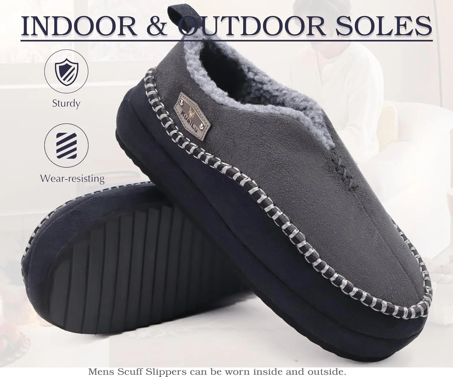 KuaiLu Men's Slippers Cozy Memory Foam House Slipper Shoes Warm Suede Winter Moccasins Slip-on Boots Slippers For Man with Fuzzy Sherpa Lining & Indoor/Outdoor Hard Rubber Sole