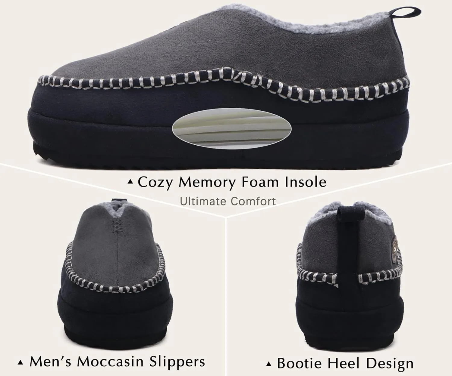KuaiLu Men's Slippers Cozy Memory Foam House Slipper Shoes Warm Suede Winter Moccasins Slip-on Boots Slippers For Man with Fuzzy Sherpa Lining & Indoor/Outdoor Hard Rubber Sole