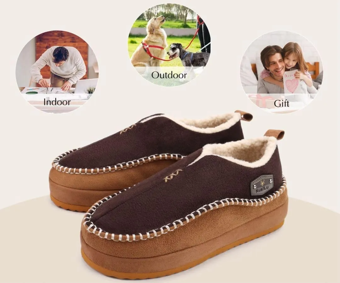 KuaiLu Men's Slippers Cozy Memory Foam House Slipper Shoes Warm Suede Winter Moccasins Slip-on Boots Slippers For Man with Fuzzy Sherpa Lining & Indoor/Outdoor Hard Rubber Sole