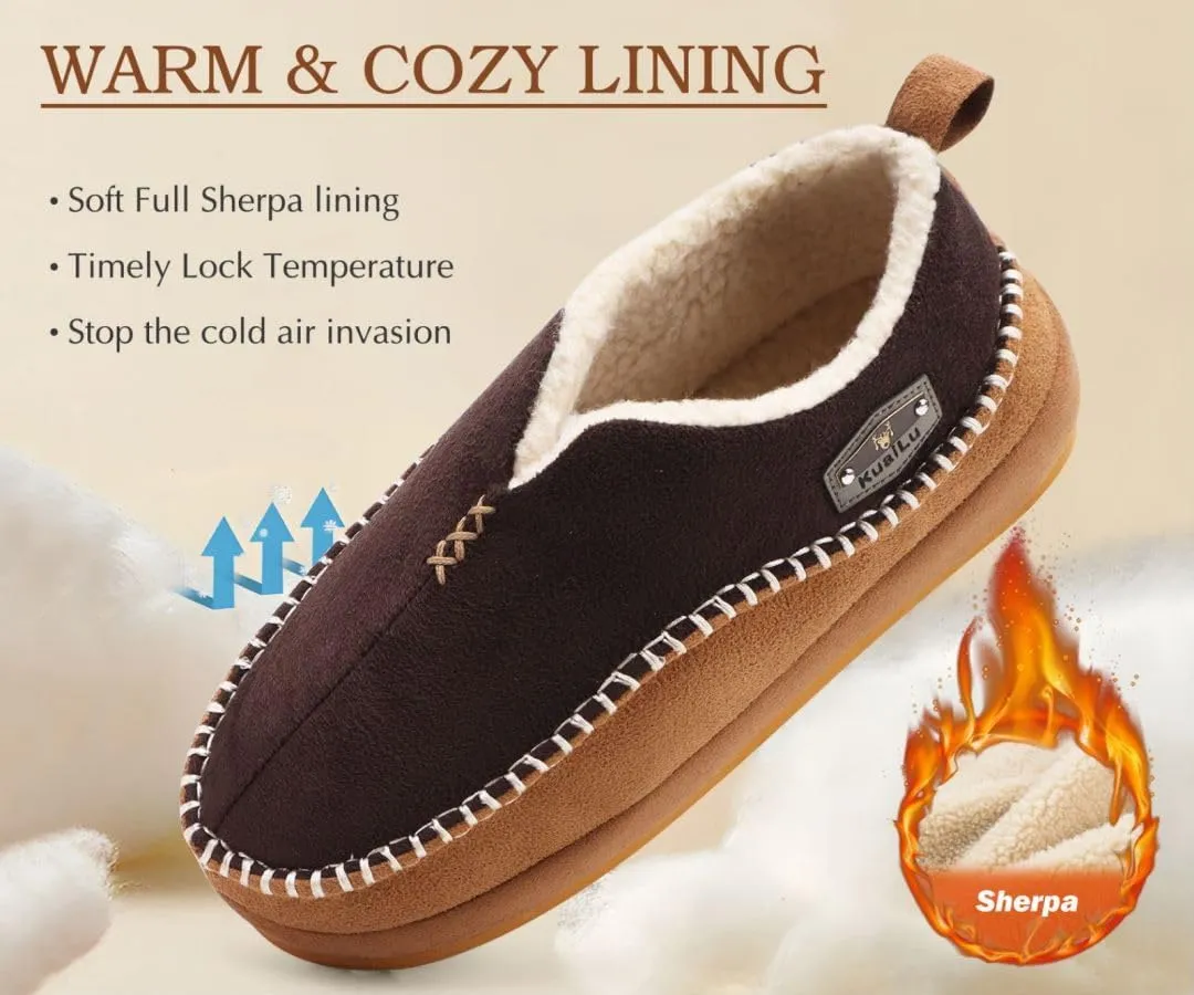 KuaiLu Men's Slippers Cozy Memory Foam House Slipper Shoes Warm Suede Winter Moccasins Slip-on Boots Slippers For Man with Fuzzy Sherpa Lining & Indoor/Outdoor Hard Rubber Sole