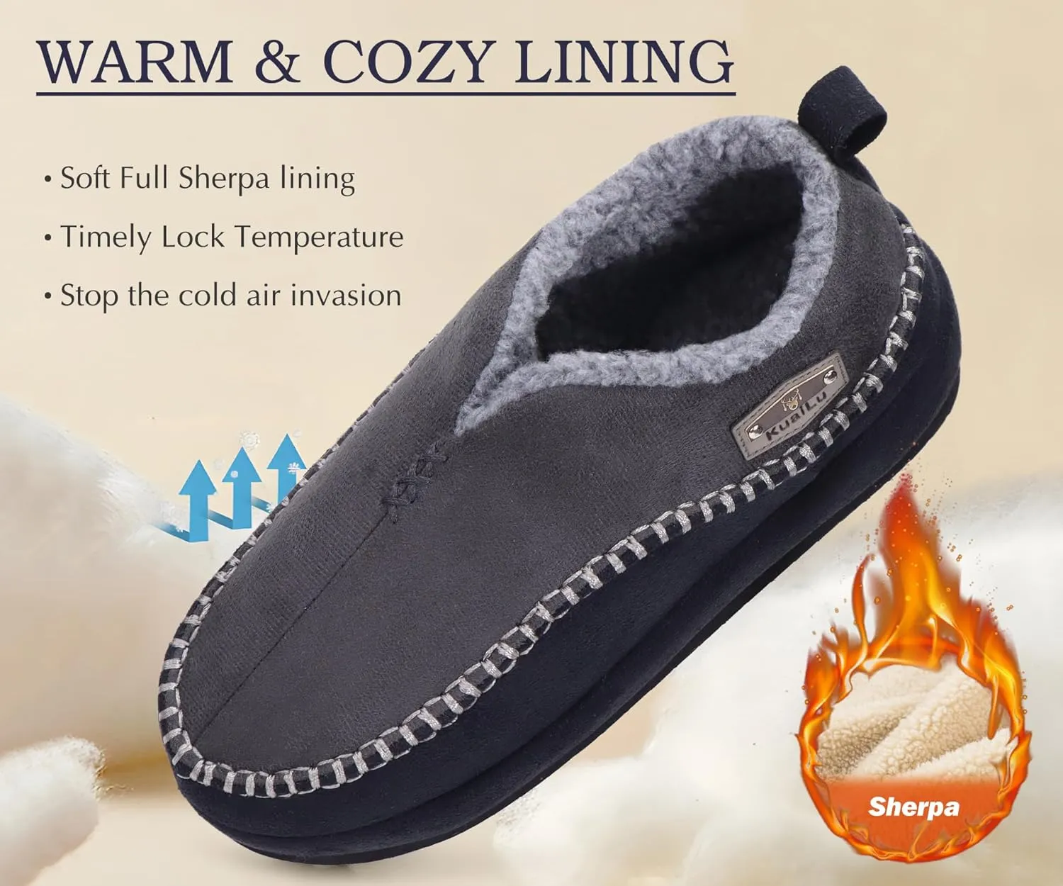 KuaiLu Men's Slippers Cozy Memory Foam House Slipper Shoes Warm Suede Winter Moccasins Slip-on Boots Slippers For Man with Fuzzy Sherpa Lining & Indoor/Outdoor Hard Rubber Sole