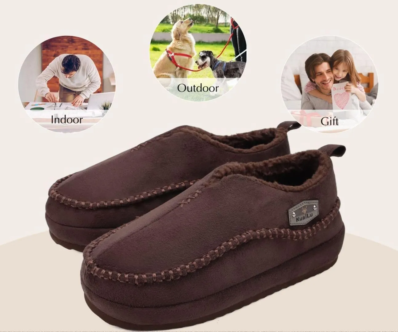 KuaiLu Men's Slippers Cozy Memory Foam House Slipper Shoes Warm Suede Winter Moccasins Slip-on Boots Slippers For Man with Fuzzy Sherpa Lining & Indoor/Outdoor Hard Rubber Sole