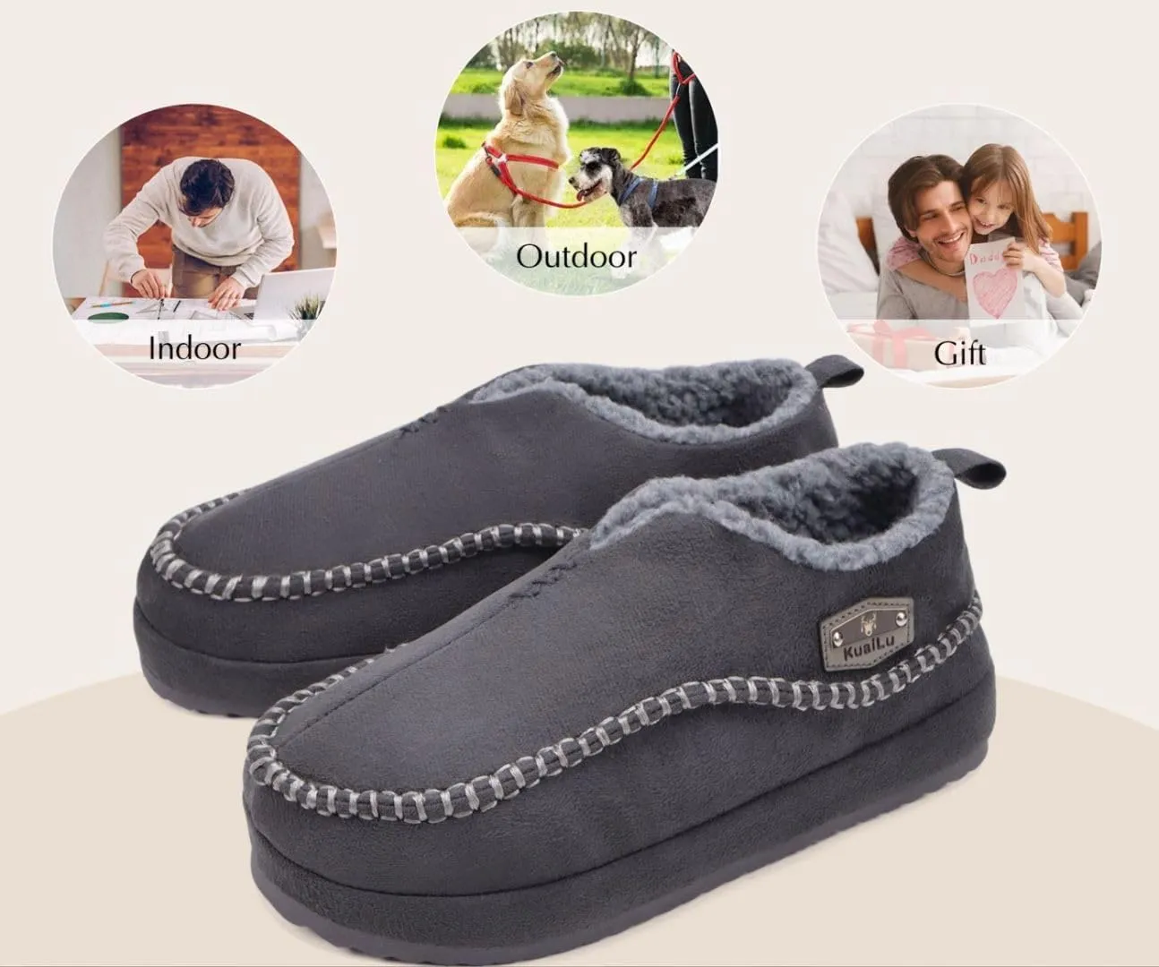 KuaiLu Men's Slippers Cozy Memory Foam House Slipper Shoes Warm Suede Winter Moccasins Slip-on Boots Slippers For Man with Fuzzy Sherpa Lining & Indoor/Outdoor Hard Rubber Sole