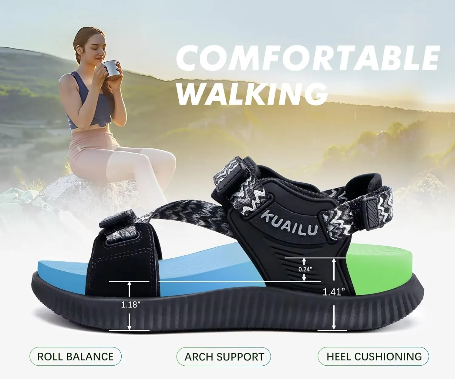 KuaiLu Womens Orthopedic Walking Sandals Recovery Sport Outdoor Hiking Water Sandles Thick Athletic Cushion Adjustable Leather Strap Sandals with Comfortable Plantar Fasciitis Arch Support