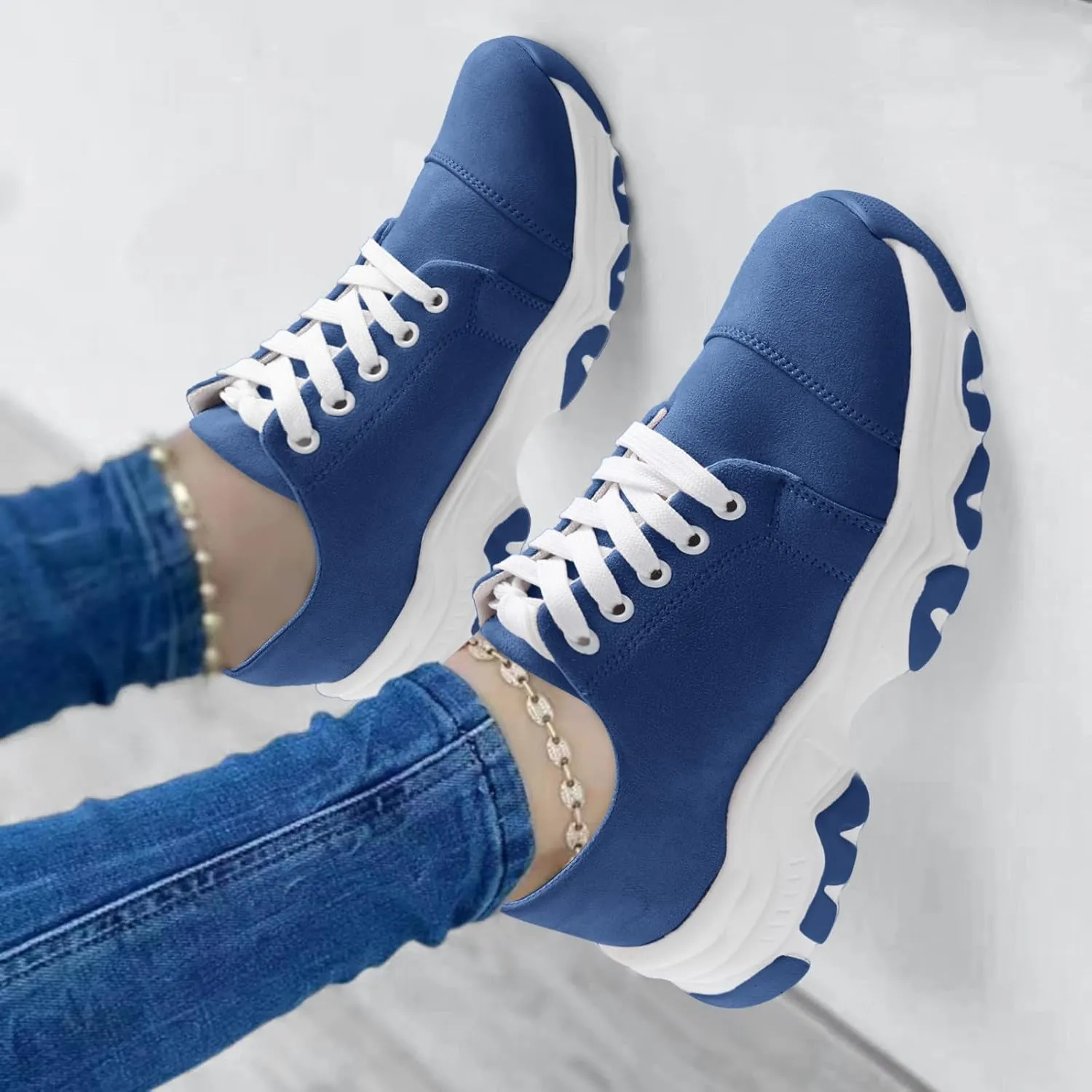 Ladies Fashion Ssolid Color Suede Lace Uup Thick Sole Comfortable Casual Sports Shoes Womens Canvas Sneaker (Blue, 6.5)