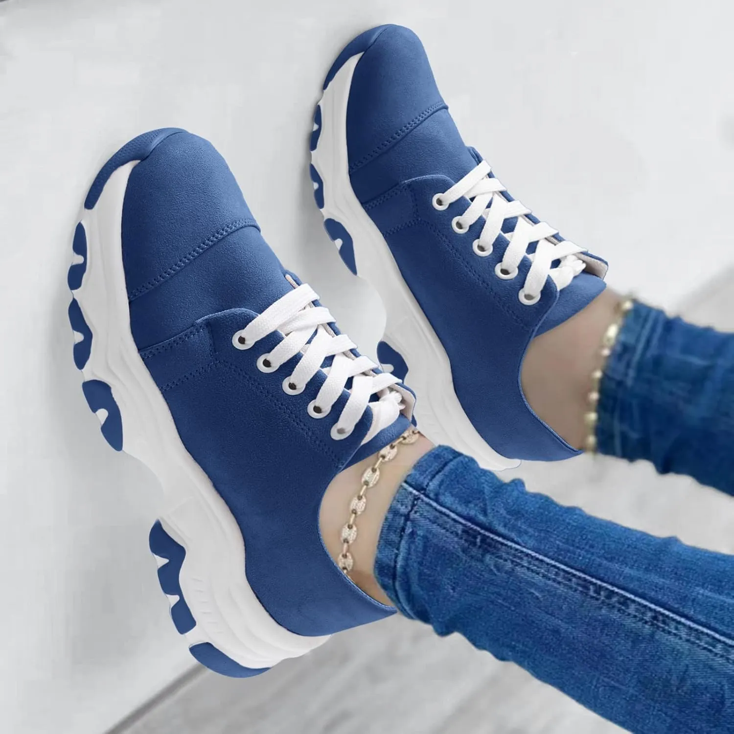 Ladies Fashion Ssolid Color Suede Lace Uup Thick Sole Comfortable Casual Sports Shoes Womens Canvas Sneaker (Blue, 6.5)