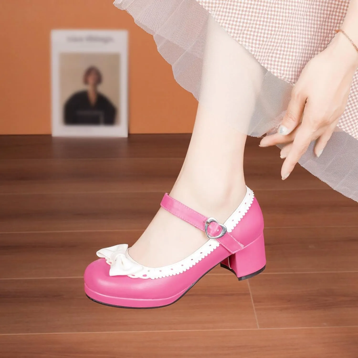 Ladies Retro Single Shoes Chunky Heel Mary Jane Shoes Bowknot College Style Large Size Square Wide Width Womens Sandals