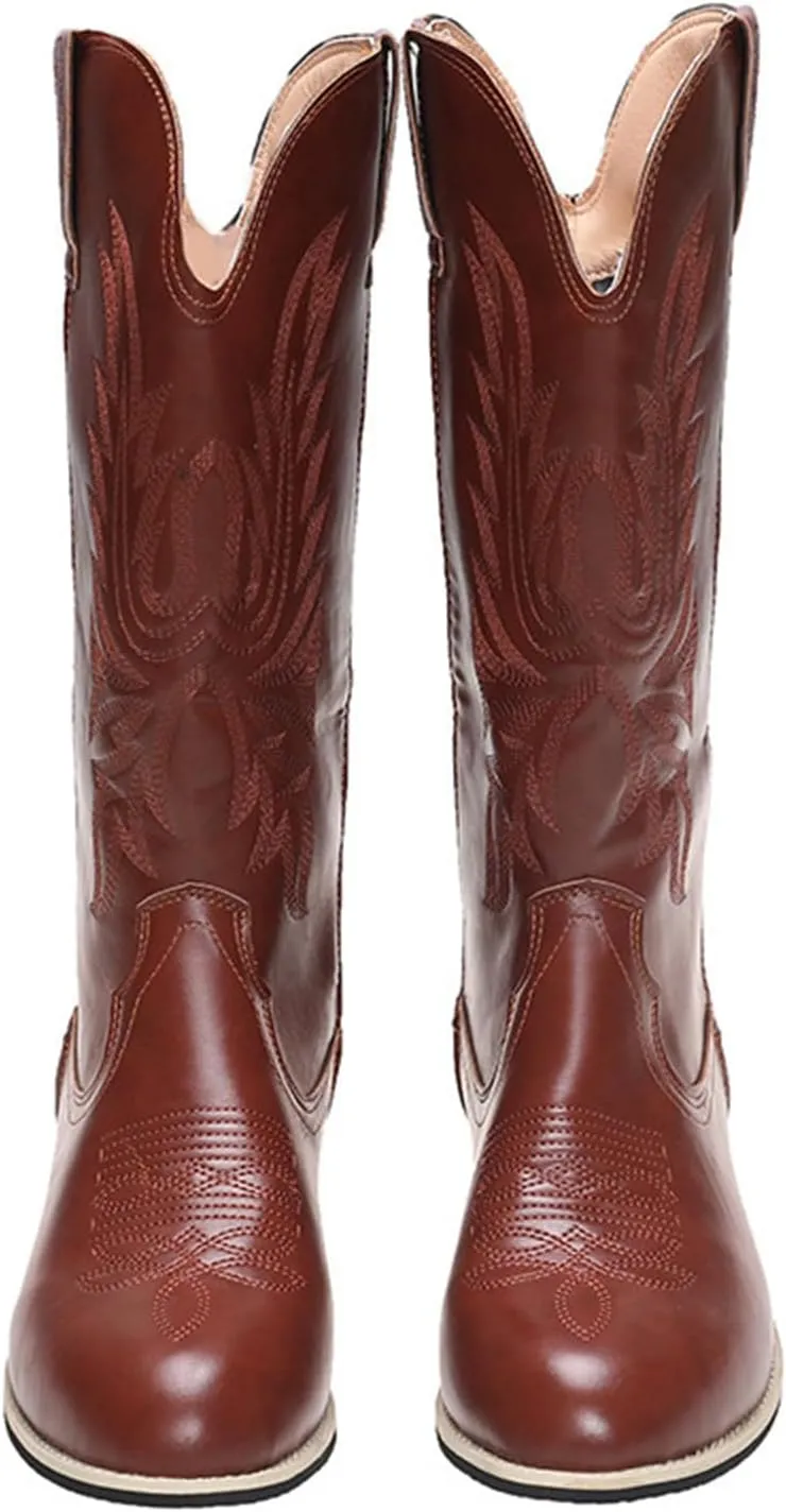 Ladmiple Cowboy Boots For Women Wide Calf Low Heel Embroidered Western Knee High Chunky Heel Fashion Retro Boot Pull-On