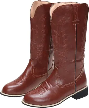 Ladmiple Cowboy Boots For Women Wide Calf Low Heel Embroidered Western Knee High Chunky Heel Fashion Retro Boot Pull-On