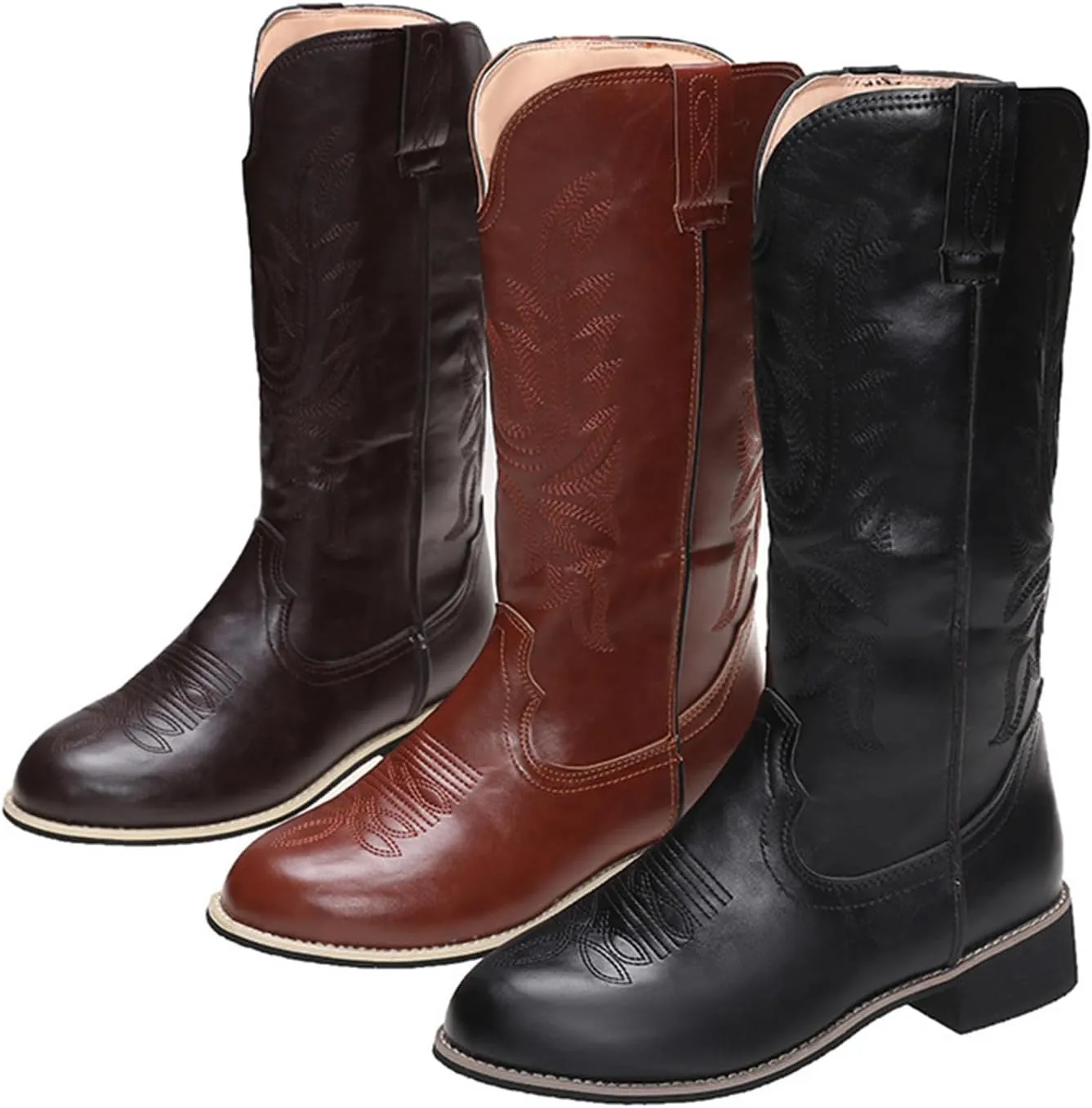 Ladmiple Cowboy Boots For Women Wide Calf Low Heel Embroidered Western Knee High Chunky Heel Fashion Retro Boot Pull-On