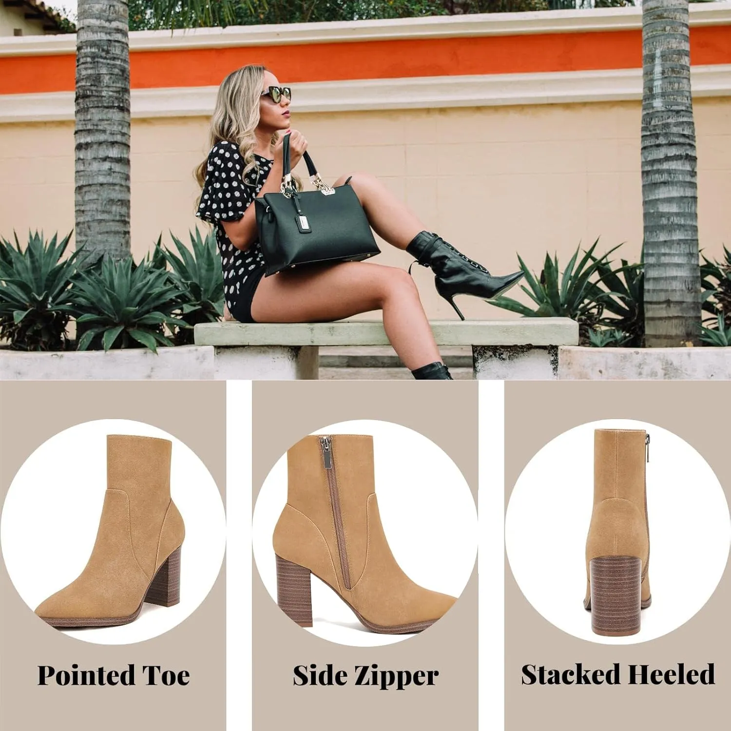 LAICIGO Women's Pointed Toe Ankle Boots Chunky Stacked Heel Side Zipper Faux Leather Ankle Booties