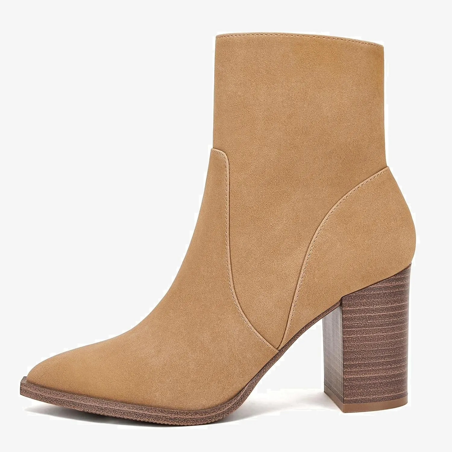 LAICIGO Women's Pointed Toe Ankle Boots Chunky Stacked Heel Side Zipper Faux Leather Ankle Booties