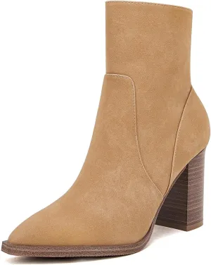 LAICIGO Women's Pointed Toe Ankle Boots Chunky Stacked Heel Side Zipper Faux Leather Ankle Booties