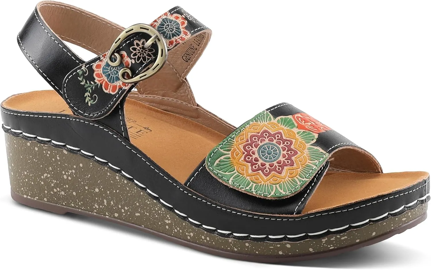 L'Artiste Women's ROSHNI Slingback Sandals – Hand-Painted Leather Floral Wedge with Adjustable Comfort Straps