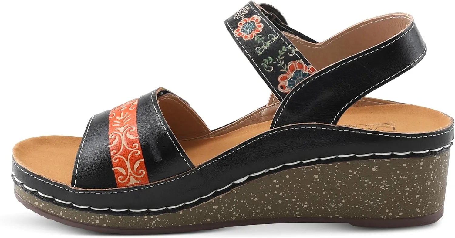 L'Artiste Women's ROSHNI Slingback Sandals – Hand-Painted Leather Floral Wedge with Adjustable Comfort Straps