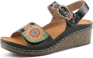 L'Artiste Women's ROSHNI Slingback Sandals – Hand-Painted Leather Floral Wedge with Adjustable Comfort Straps