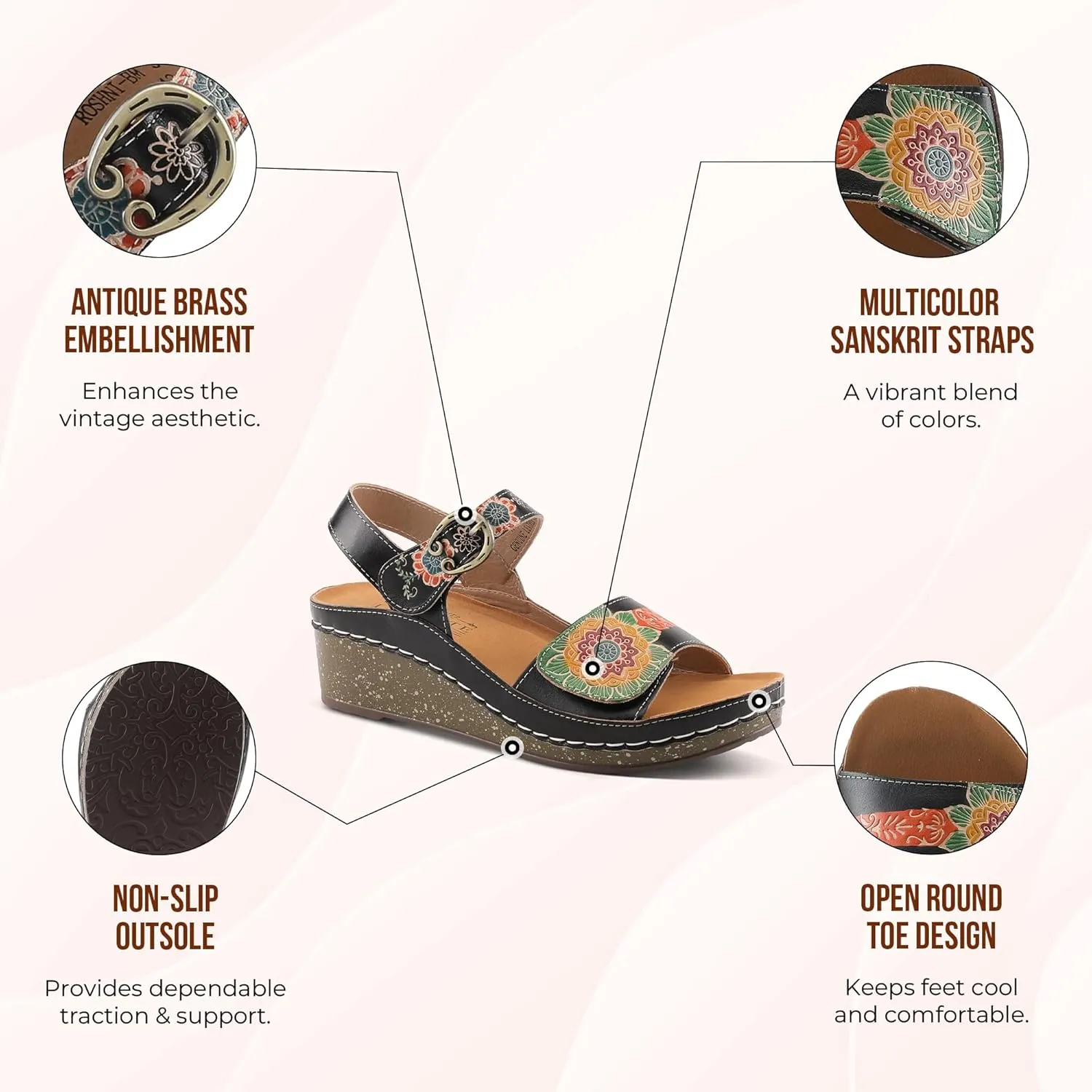 L'Artiste Women's ROSHNI Slingback Sandals – Hand-Painted Leather Floral Wedge with Adjustable Comfort Straps